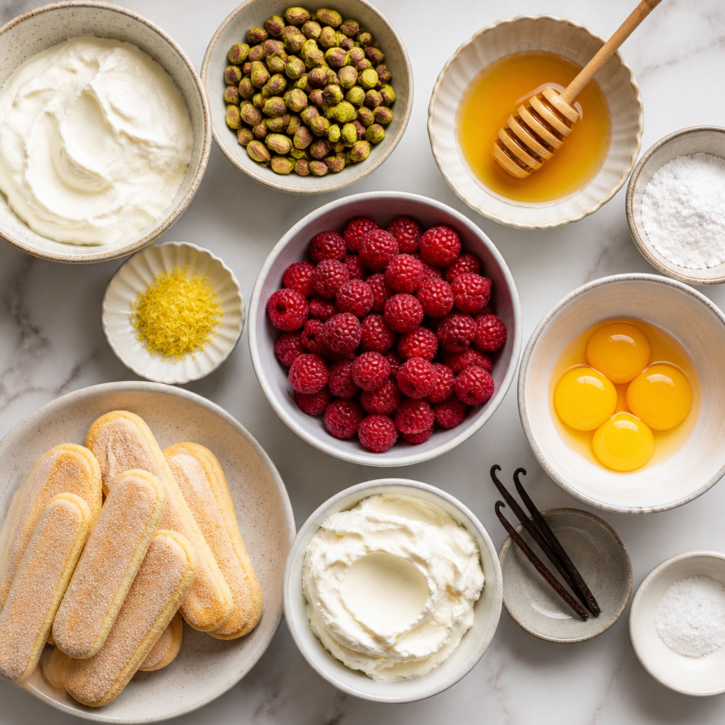 Overhead flat-lay of all ingredients for Raspberry Pistachio Semifreddo with Honey Drizzle laid out on a kitchen surface.