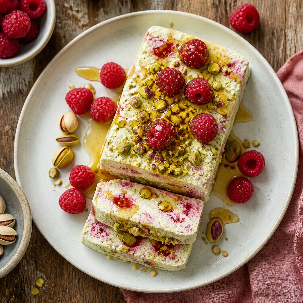 Raspberry Pistachio Semifreddo with Honey Drizzle — Italian Dessert served and photographed from above