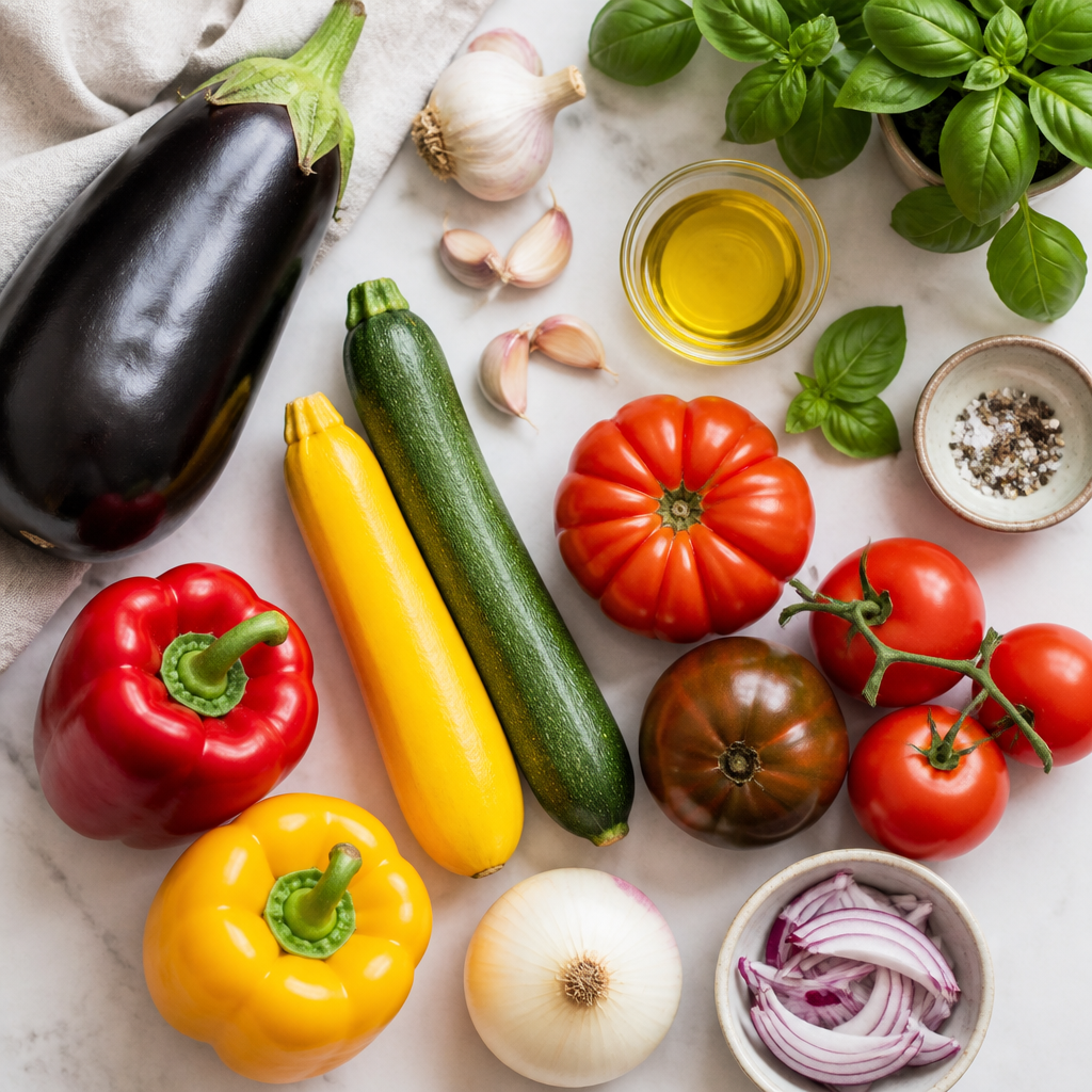 Overhead flat-lay of all ingredients for Ratatouille With Fresh Basil And Garlic Oil laid out on a kitchen surface.