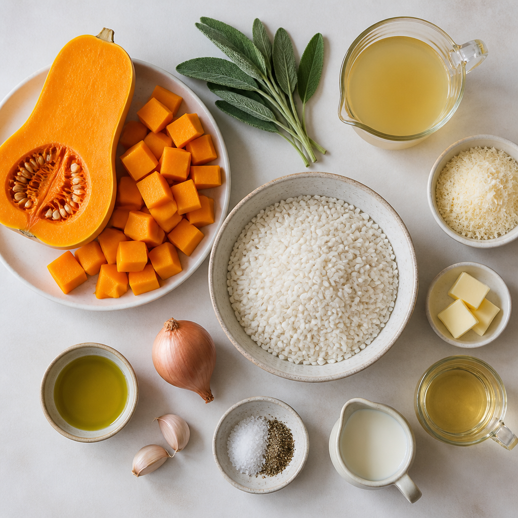 Overhead flat-lay of all ingredients for Roasted Butternut Squash and Sage Risotto laid out on a kitchen surface.