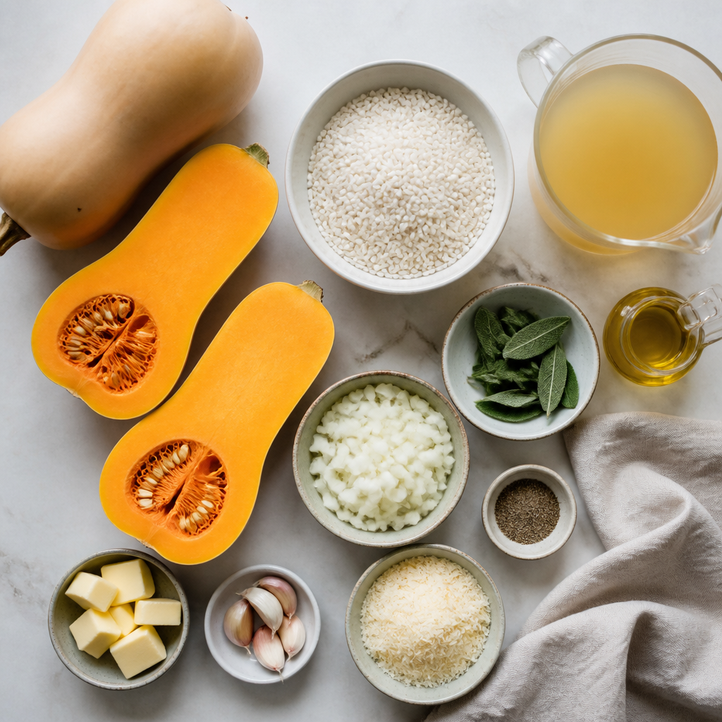 Overhead flat-lay of all ingredients for Roasted Butternut Squash & Sage Risotto laid out on a kitchen surface.
