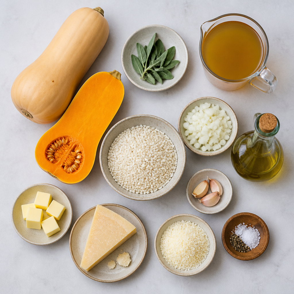 Overhead flat-lay of all ingredients for Roasted Butternut Squash and Sage Risotto laid out on a kitchen surface.