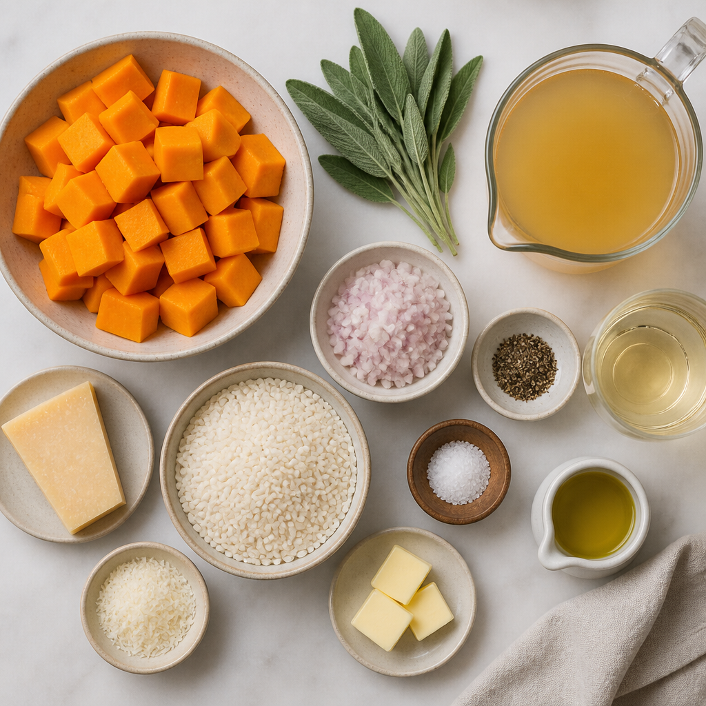Overhead flat-lay of all ingredients for Roasted Butternut Squash and Sage Risotto laid out on a kitchen surface.