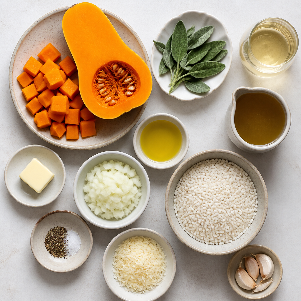 Overhead flat-lay of all ingredients for Roasted Butternut Squash & Sage Risotto laid out on a kitchen surface.