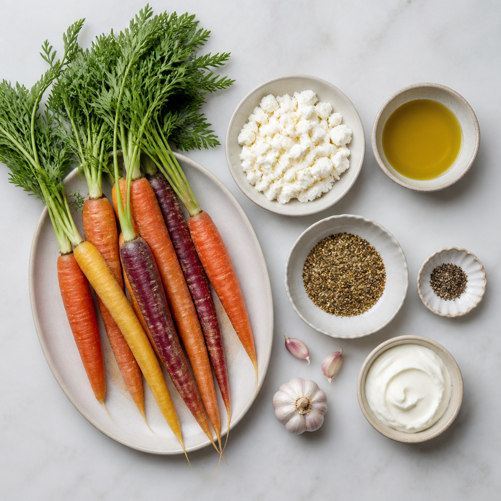 Overhead flat-lay of all ingredients for Roasted Carrots with Whipped Feta and Za'atar laid out on a kitchen surface.