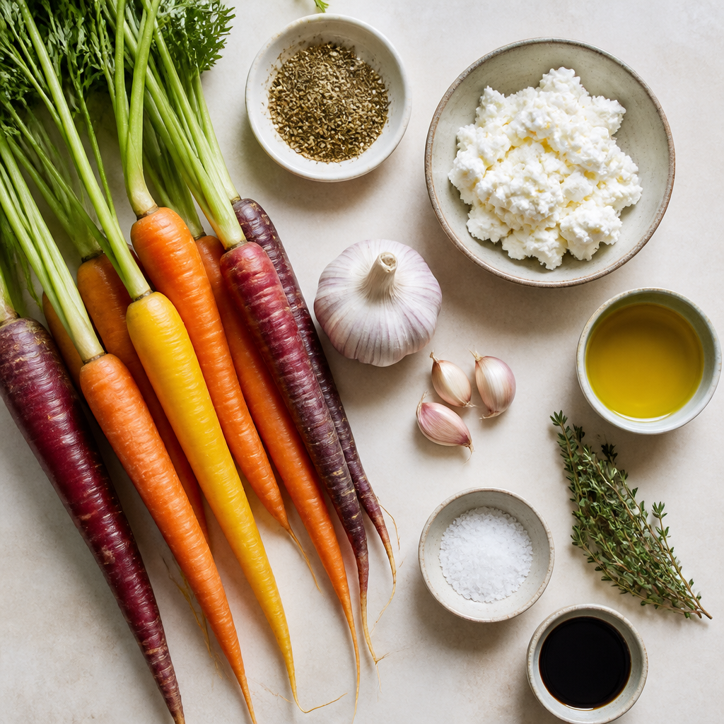 Overhead flat-lay of all ingredients for Roasted Carrots with Whipped Feta and Za'atar Oil laid out on a kitchen surface.
