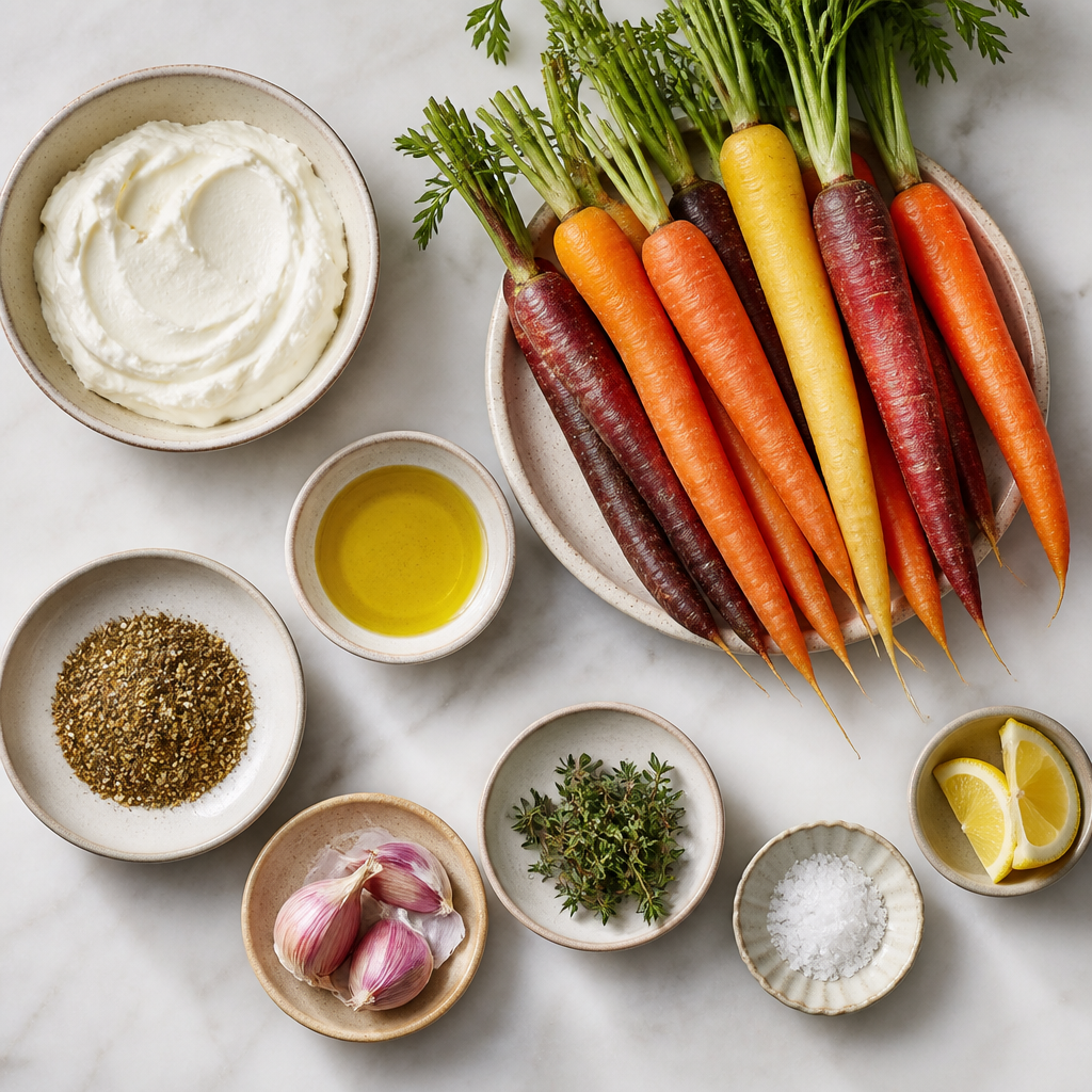Overhead flat-lay of all ingredients for Roasted Carrots with Whipped Labneh and Za'atar laid out on a kitchen surface.