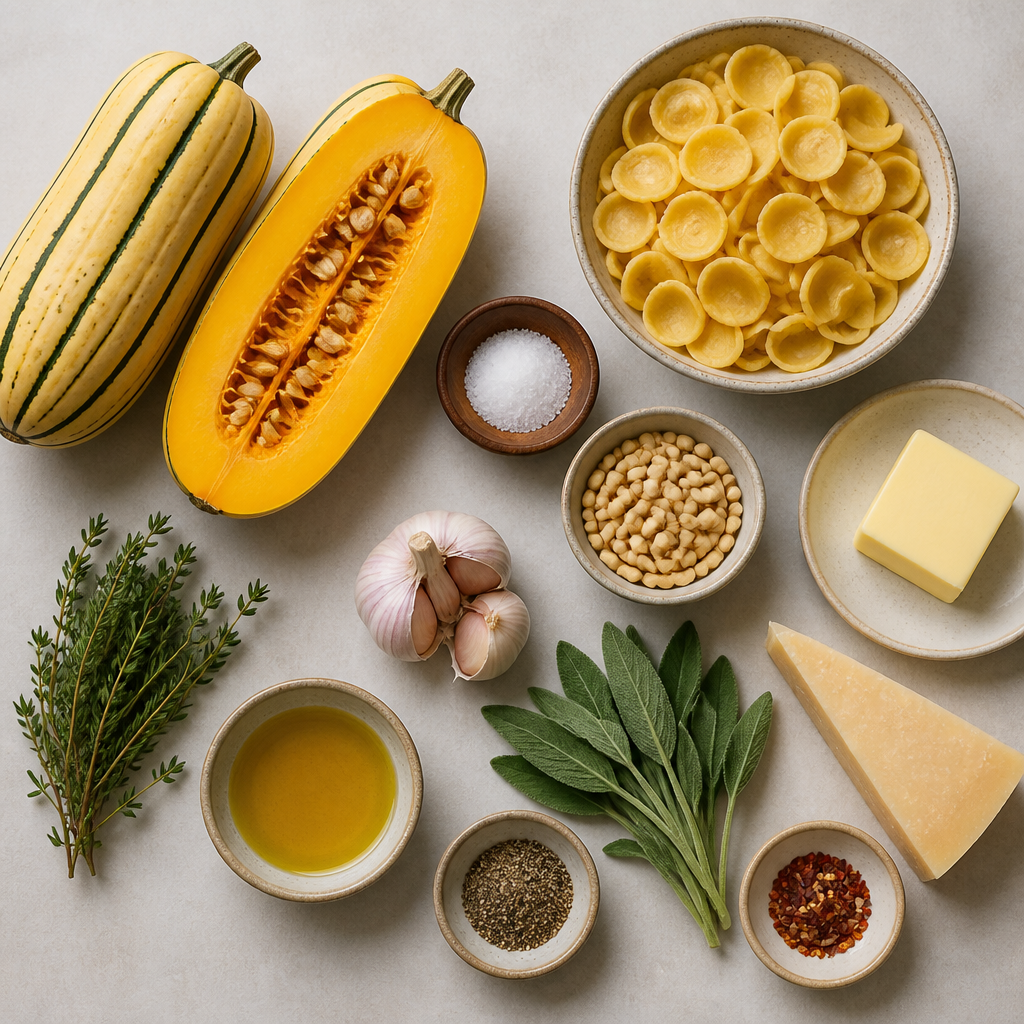 Overhead flat-lay of all ingredients for Roasted Delicata Squash and Brown Butter Orecchiette laid out on a kitchen surface.