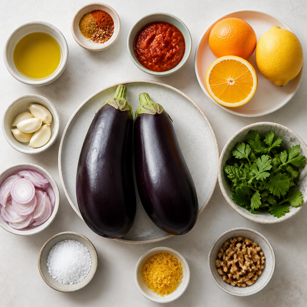 Overhead flat-lay of all ingredients for Roasted Harissa Eggplant with Citrus Gremolata laid out on a kitchen surface.
