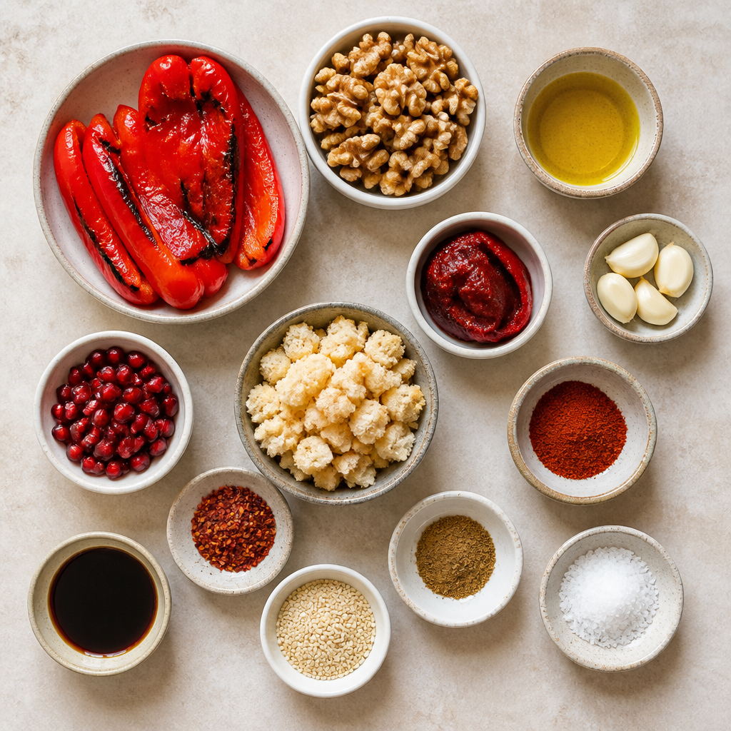 Overhead flat-lay of all ingredients for Roasted Red Pepper Walnut Dip (Syrian Muhammara Recipe) laid out on a kitchen surface.