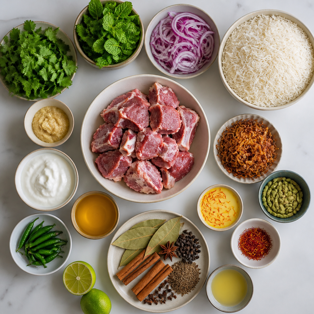 Overhead flat-lay of all ingredients for Royal Cardamom & Saffron Lamb Biryani laid out on a kitchen surface.