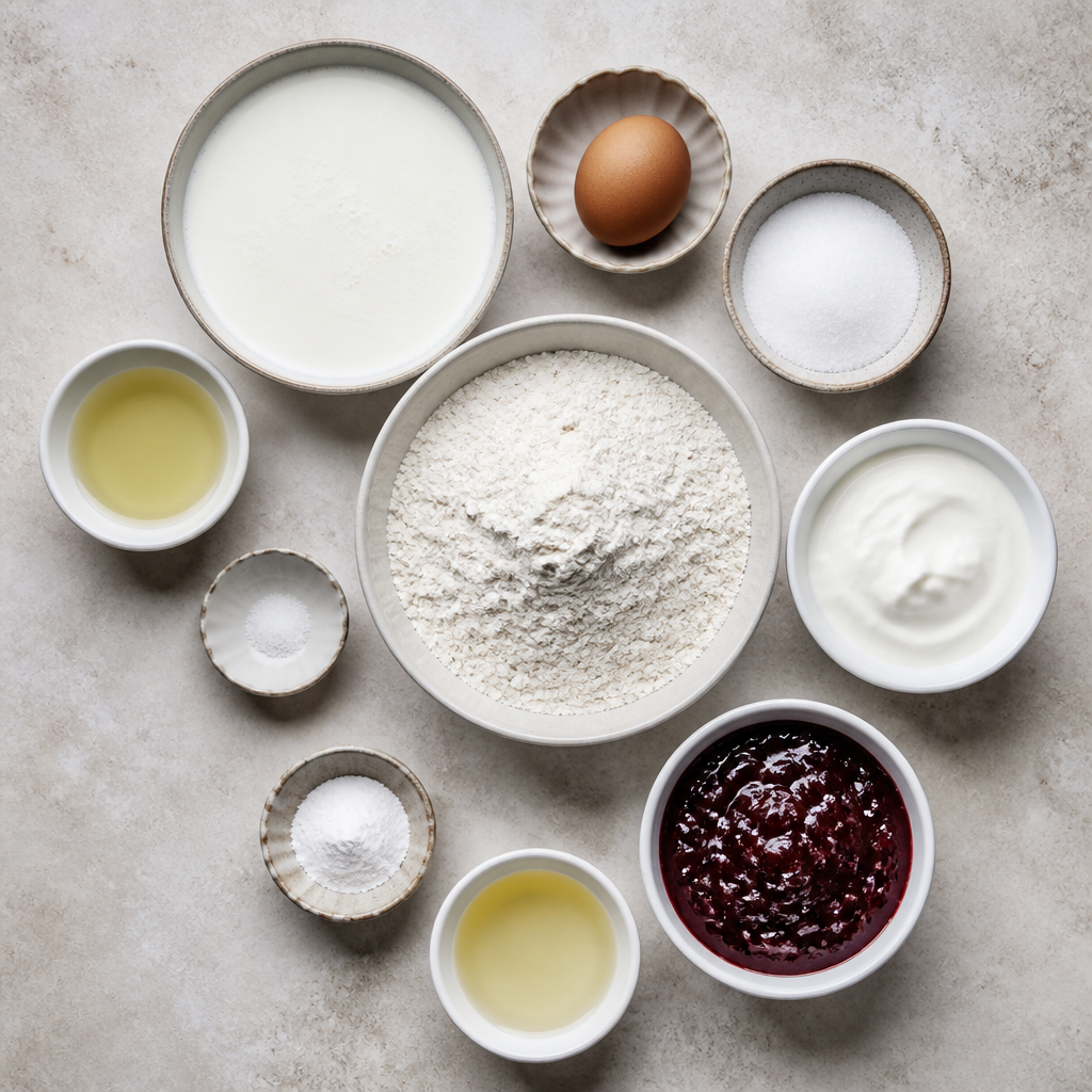 Overhead flat-lay of all ingredients for Russian Kefir Pancakes (Oladi) with Sour Cream and Jam laid out on a kitchen surface.
