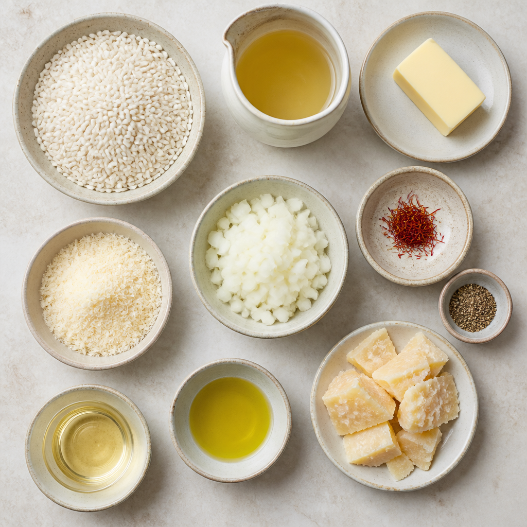 Overhead flat-lay of all ingredients for Saffron Risotto Recipe with Authentic Milanese Flavors laid out on a kitchen surface.