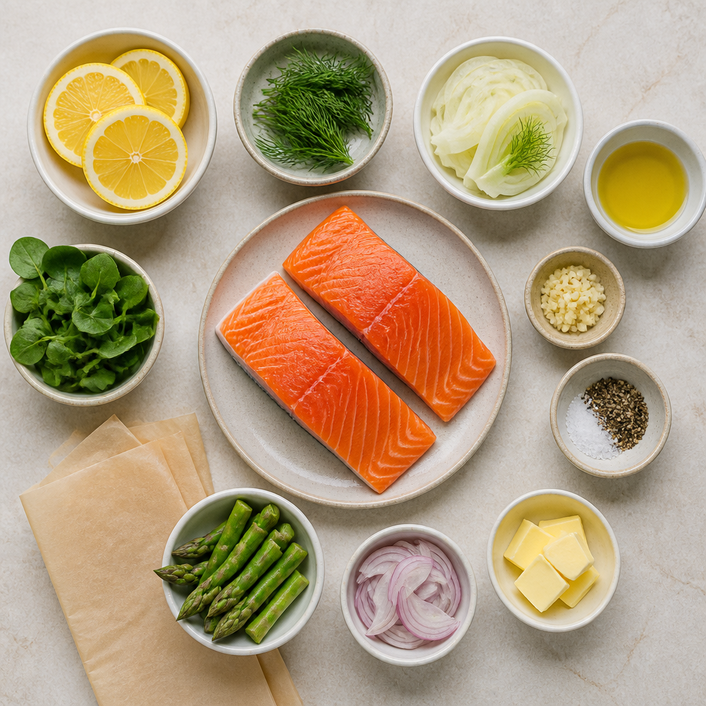 Overhead flat-lay of all ingredients for Salmon en Papillote Recipe with Lemon and Dill laid out on a kitchen surface.