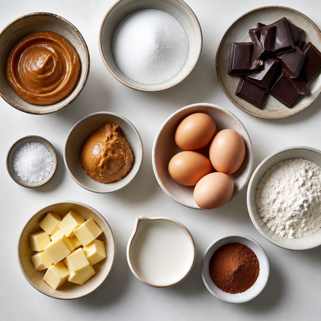 Overhead flat-lay of all ingredients for Salted Miso Caramel Lava Cakes laid out on a kitchen surface.