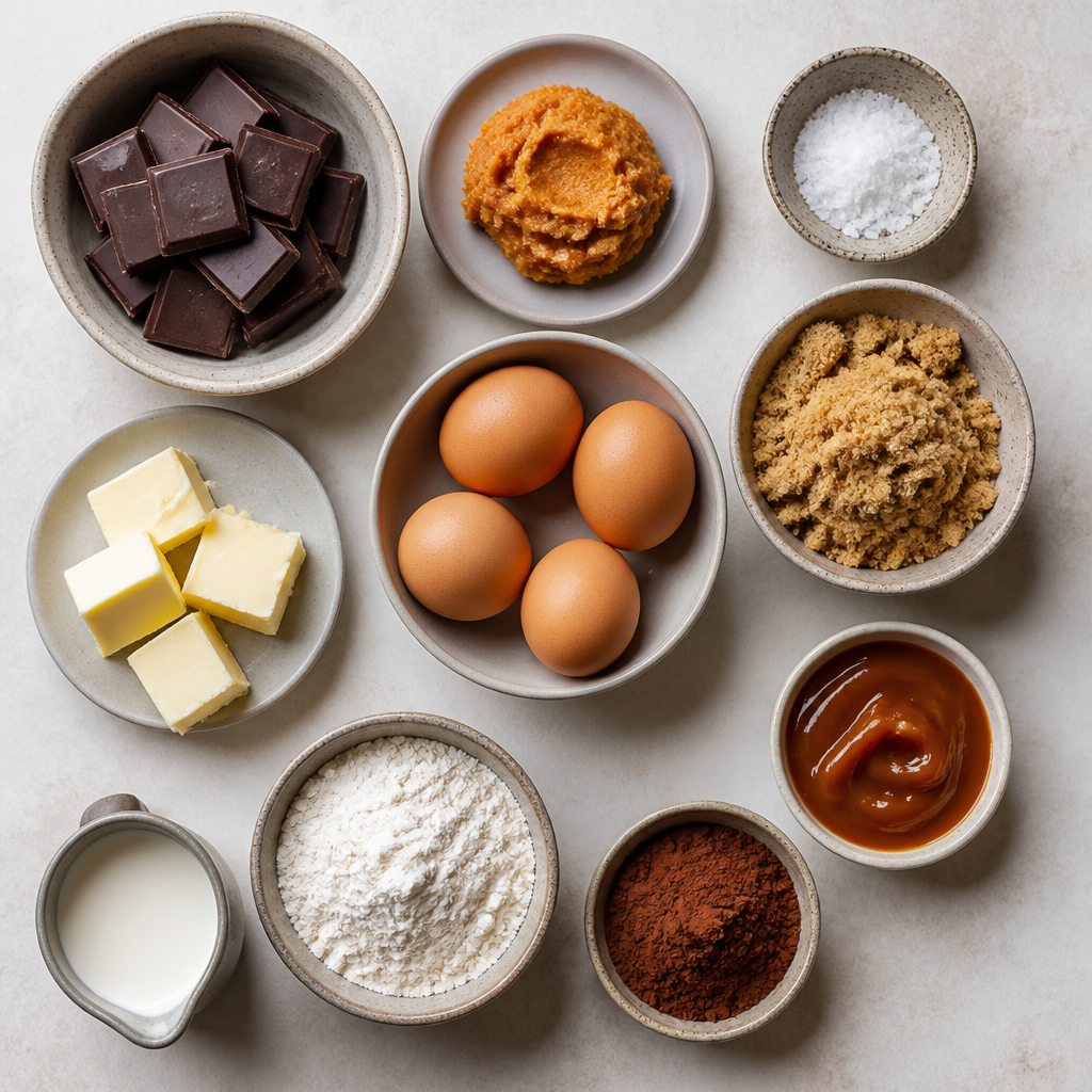 Overhead flat-lay of all ingredients for Salted Miso Caramel Lava Cakes laid out on a kitchen surface.