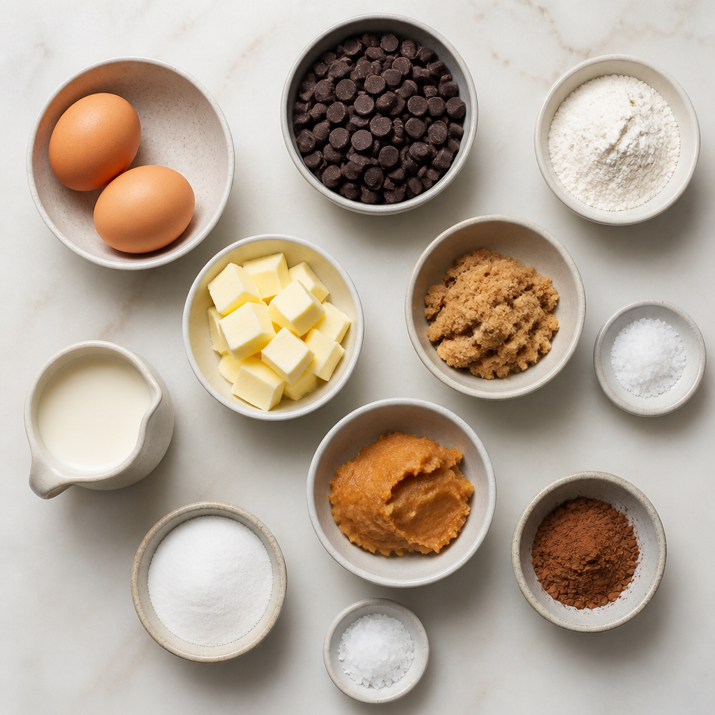 Overhead flat-lay of all ingredients for Salted Miso Caramel Lava Cakes laid out on a kitchen surface.