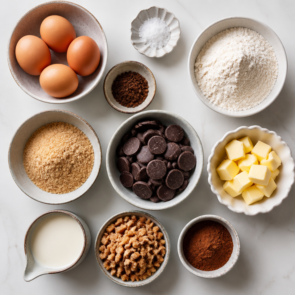 Overhead flat-lay of all ingredients for Salted Toffee Espresso Lava Cakes laid out on a kitchen surface.