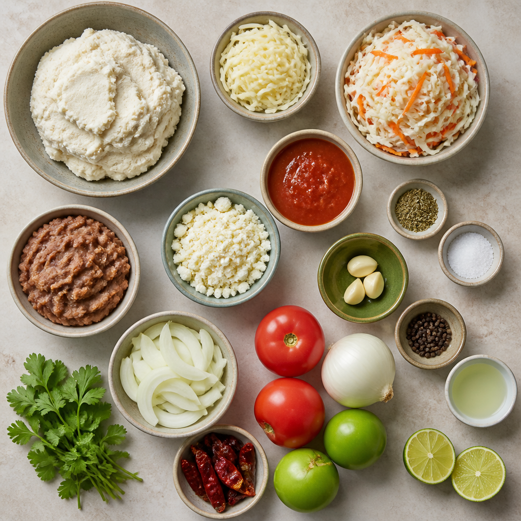 Overhead flat-lay of all ingredients for Salvadoran Pupusas Recipe with Curtido and Salsa Roja laid out on a kitchen surface.