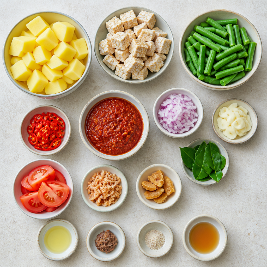 Overhead flat-lay of all ingredients for Sambal Goreng Kentang Recipe with Tempeh and Green Beans laid out on a kitchen surface.