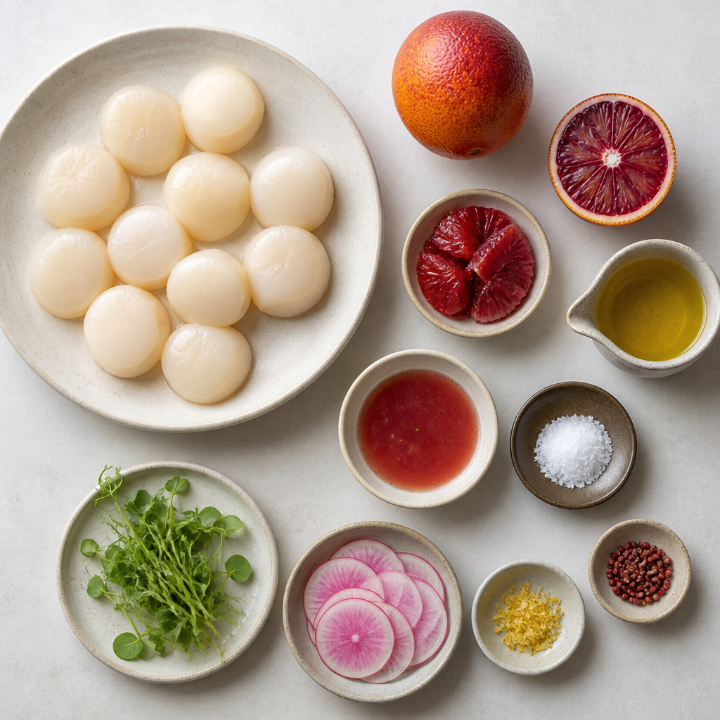 Overhead flat-lay of all ingredients for Scallop Crudo With Blood Orange Vinaigrette laid out on a kitchen surface.
