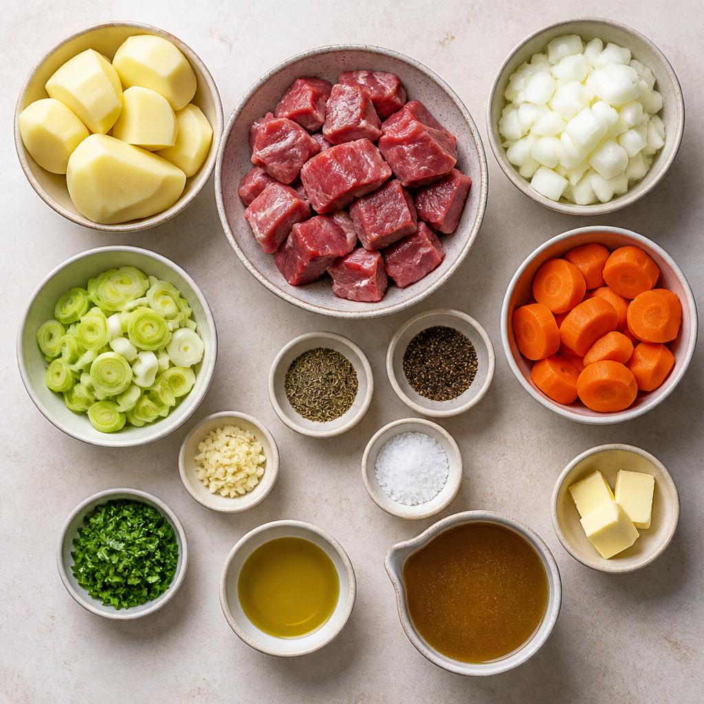 Overhead flat-lay of all ingredients for Scottish Stovies Recipe with Tender Lamb and Potatoes laid out on a kitchen surface.