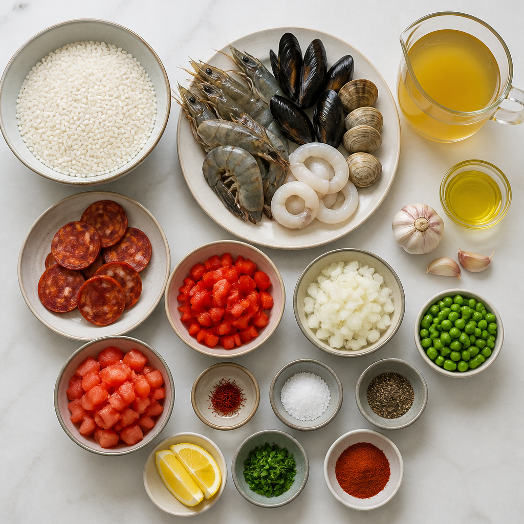 Overhead flat-lay of all ingredients for Seafood Paella With Saffron And Chorizo laid out on a kitchen surface.