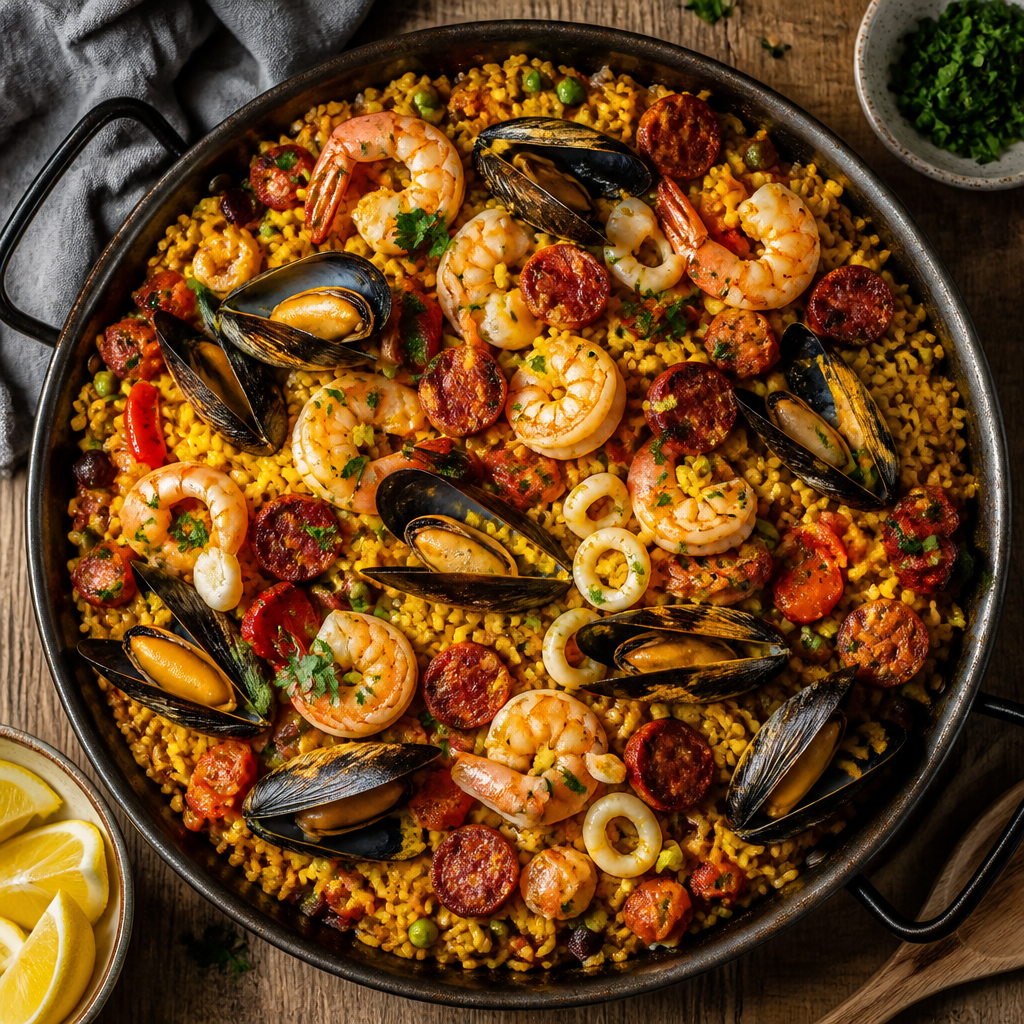 Seafood Paella With Saffron And Chorizo