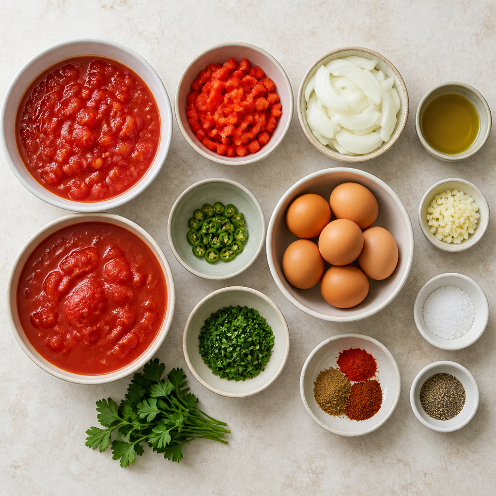 Overhead flat-lay of all ingredients for Shakshuka with Poached Eggs in Spicy Tomato Sauce laid out on a kitchen surface.