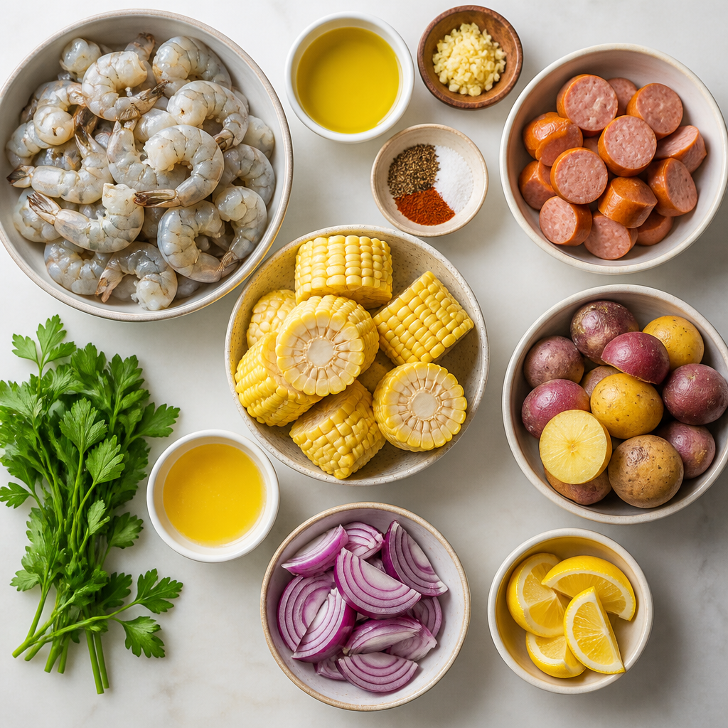 Overhead flat-lay of all ingredients for Sheet Pan Shrimp Boil with Old Bay laid out on a kitchen surface.