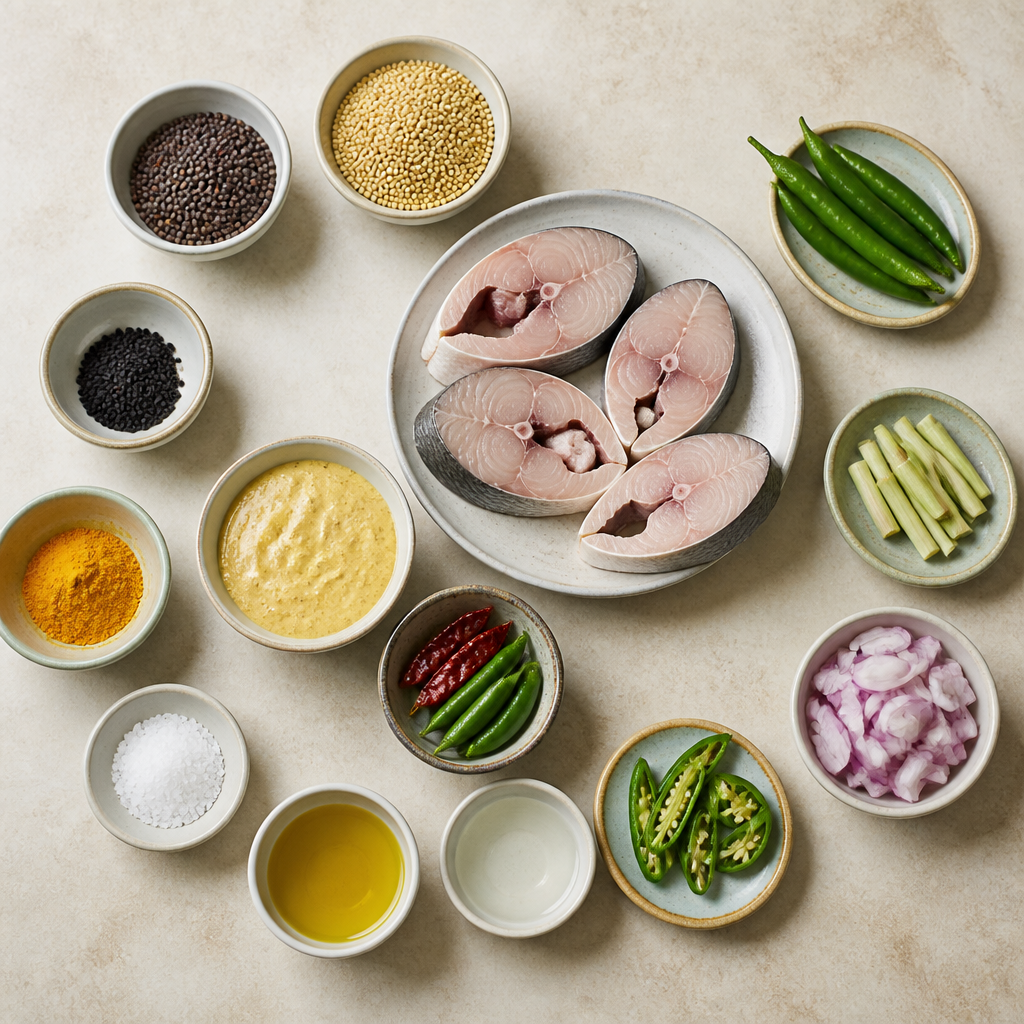 Overhead flat-lay of all ingredients for Shorshe Ilish Recipe: Hilsa Fish in Mustard Sauce laid out on a kitchen surface.