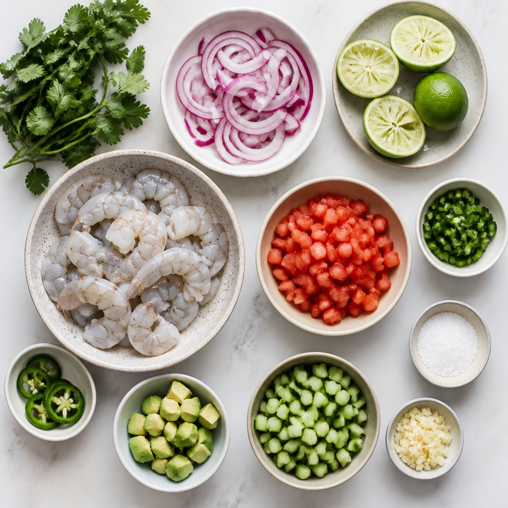 Overhead flat-lay of all ingredients for Shrimp Ceviche With Spicy Pickled Onions laid out on a kitchen surface.