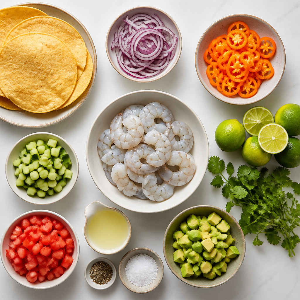 Overhead flat-lay of all ingredients for Shrimp Ceviche Tostada With Pickled Habanero laid out on a kitchen surface.