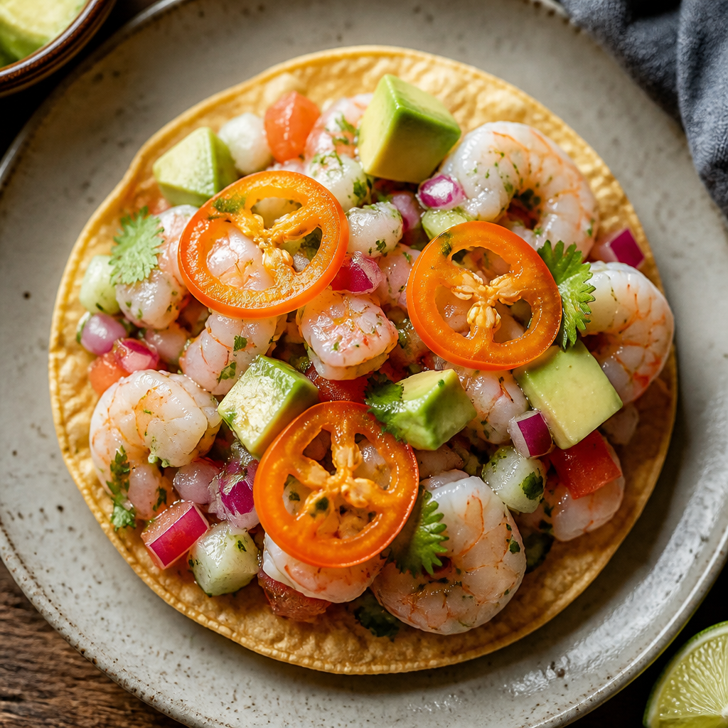 Shrimp Ceviche Tostada With Pickled Habanero — Mexican Lunch served and photographed from above