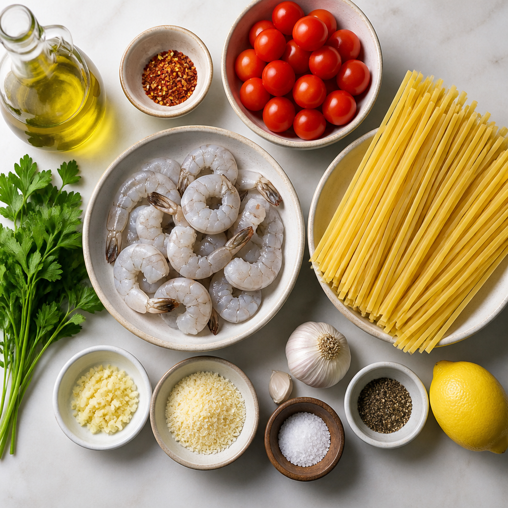 Overhead flat-lay of all ingredients for Shrimp Linguine With Burst Cherry Tomatoes laid out on a kitchen surface.