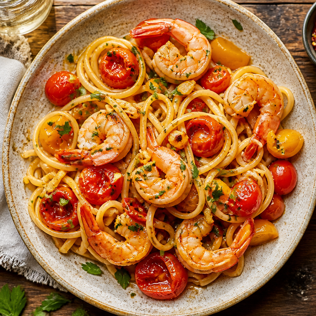 Shrimp Linguine With Burst Cherry Tomatoes — Italian-American Dinner served and photographed from above