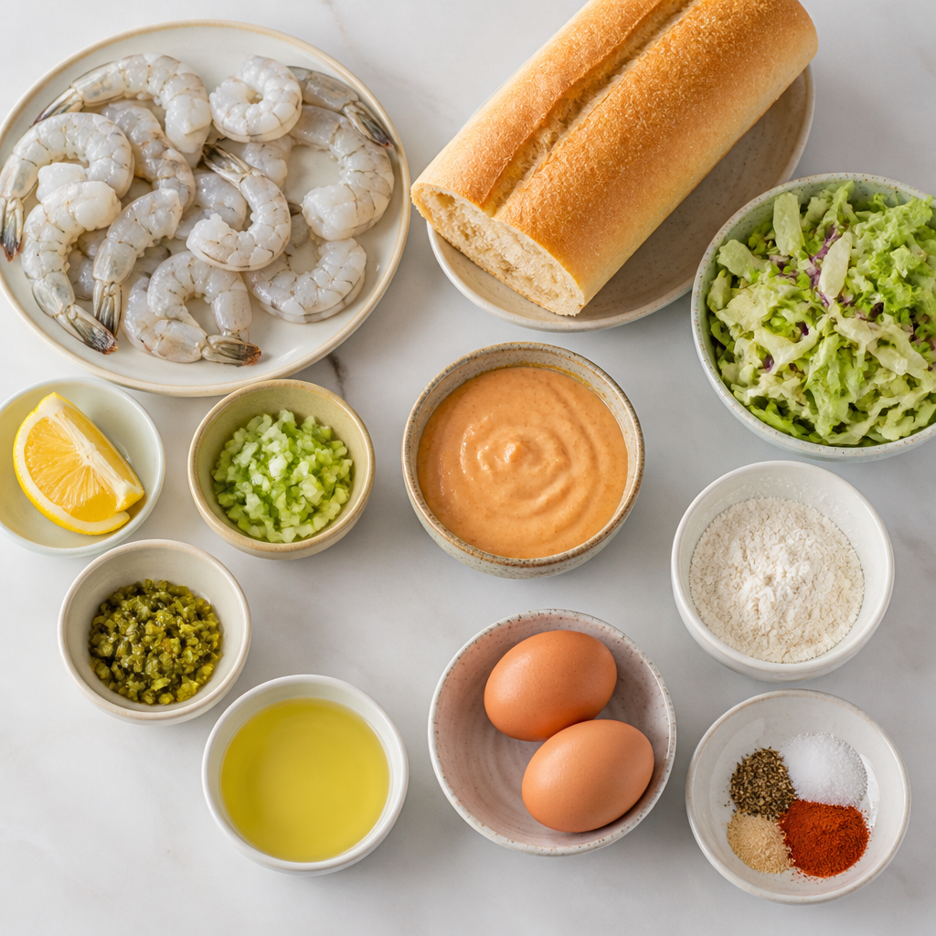 Overhead flat-lay of all ingredients for Shrimp Po Boy With Spicy Remoulade laid out on a kitchen surface.