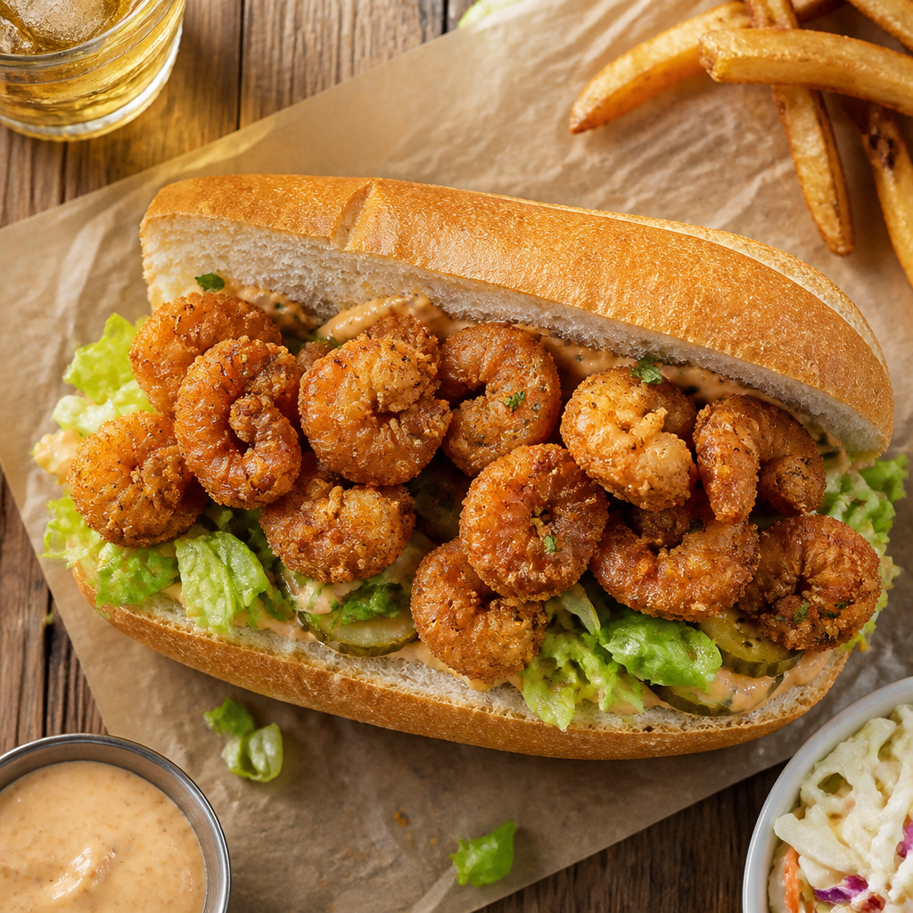 Shrimp Po Boy With Spicy Remoulade — American Dinner served and photographed from above
