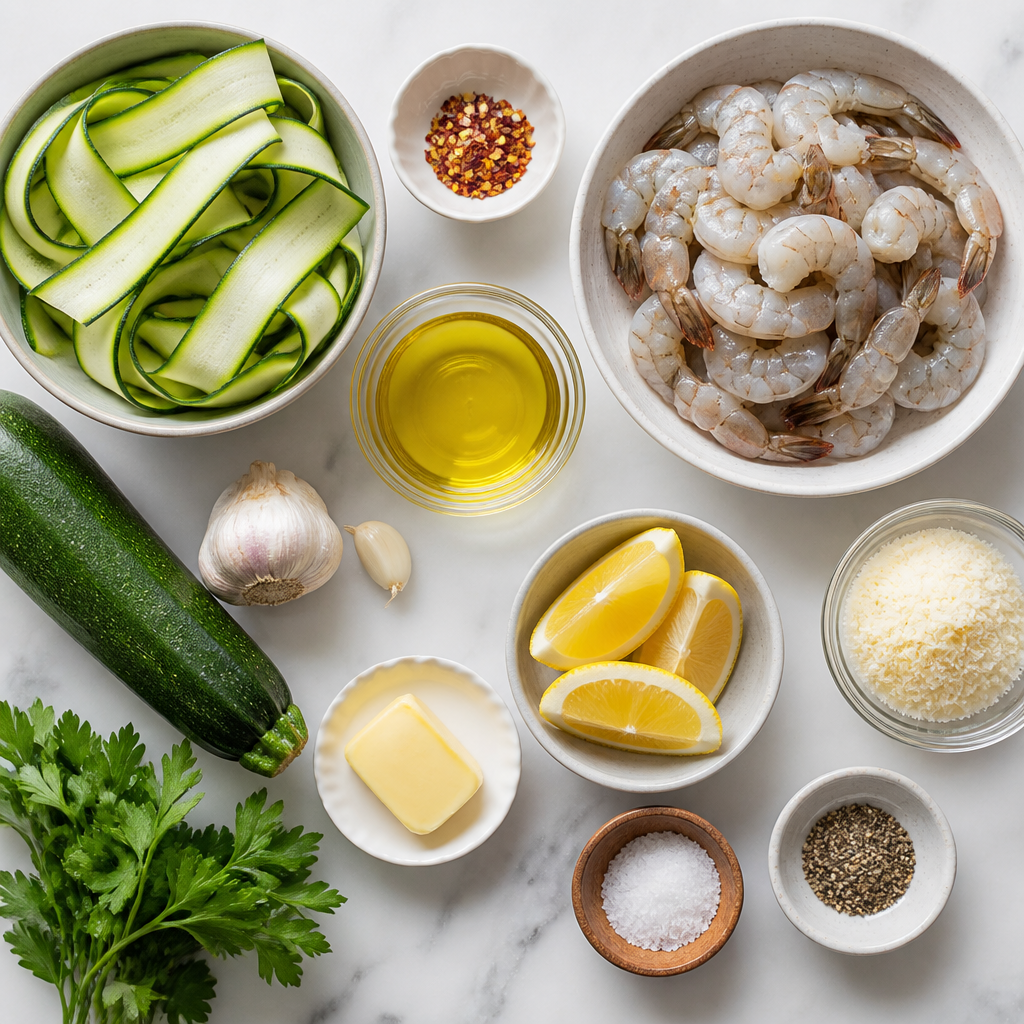 Overhead flat-lay of all ingredients for Shrimp Scampi With Zucchini Ribbons laid out on a kitchen surface.