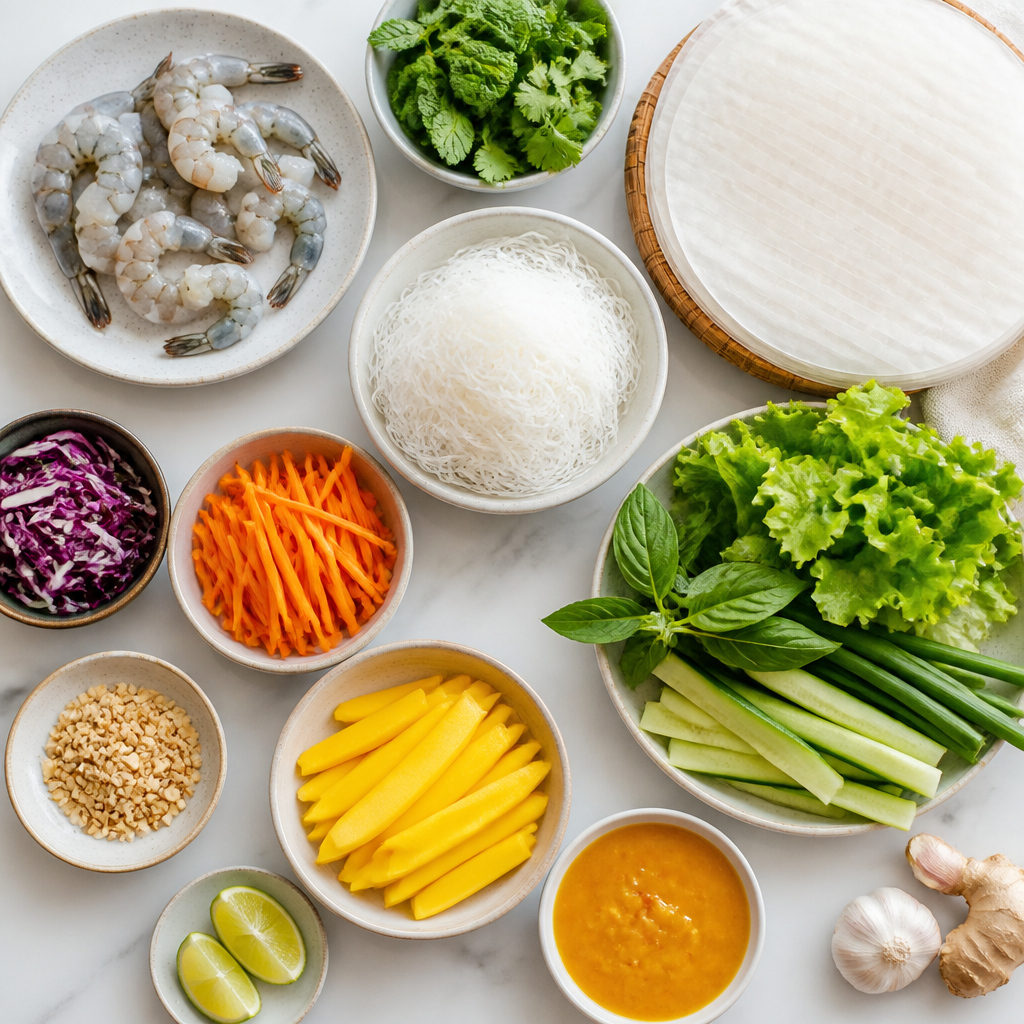 Overhead flat-lay of all ingredients for Shrimp Spring Rolls With Mango Dipping Sauce laid out on a kitchen surface.