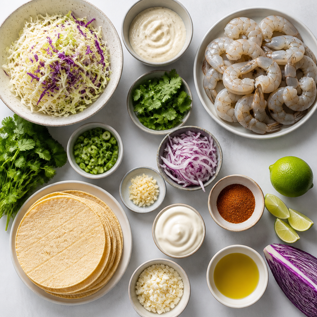 Overhead flat-lay of all ingredients for Shrimp Tacos With Creamy Cilantro Slaw laid out on a kitchen surface.