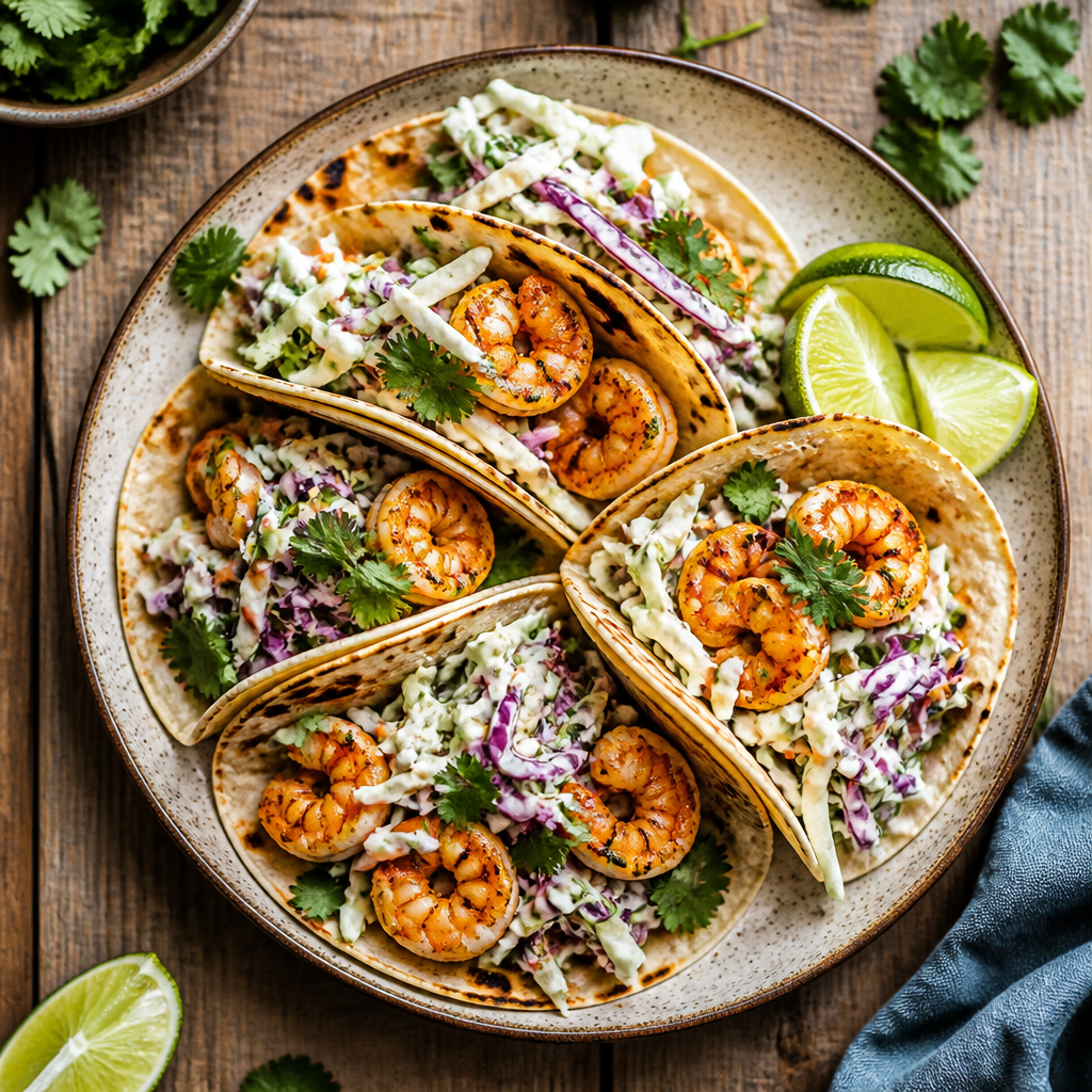 Shrimp Tacos With Creamy Cilantro Slaw — Mexican-American Dinner served and photographed from above