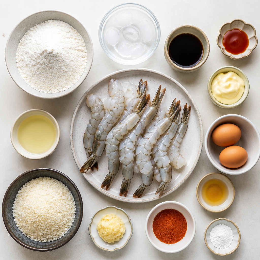 Overhead flat-lay of all ingredients for Shrimp Tempura With Spicy Mayo Dipping Sauce laid out on a kitchen surface.