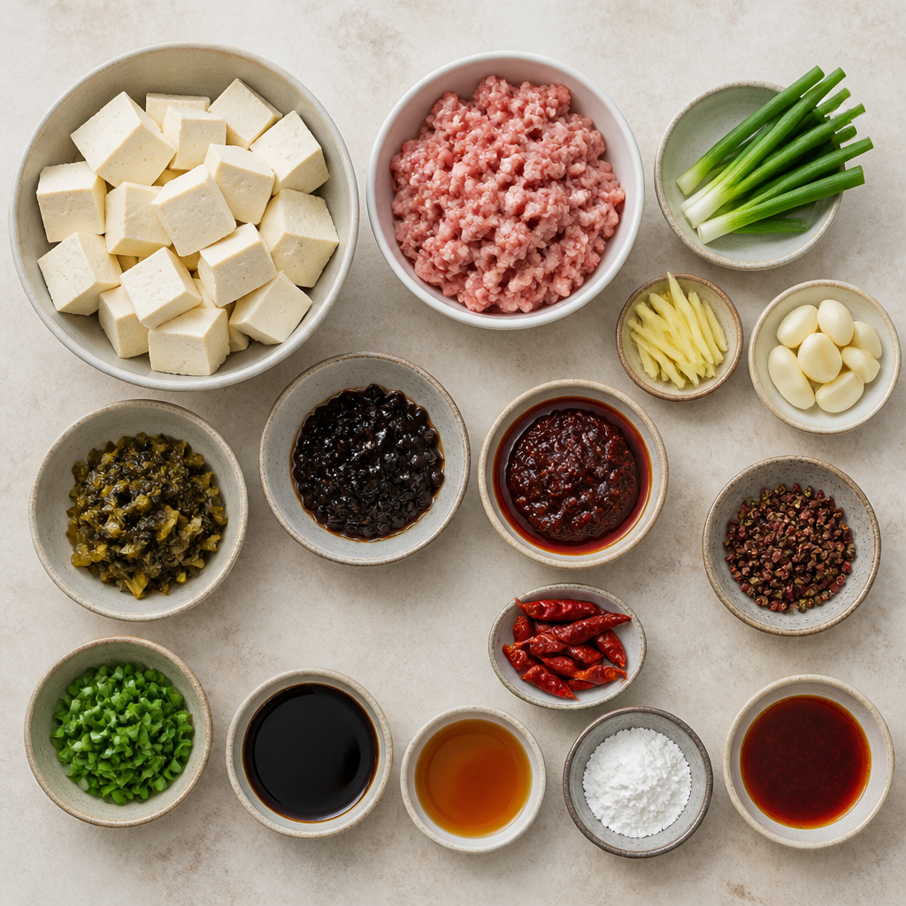Overhead flat-lay of all ingredients for Sichuan Mapo Tofu with Fermented Black Beans and Minced Meat laid out on a kitchen surface.