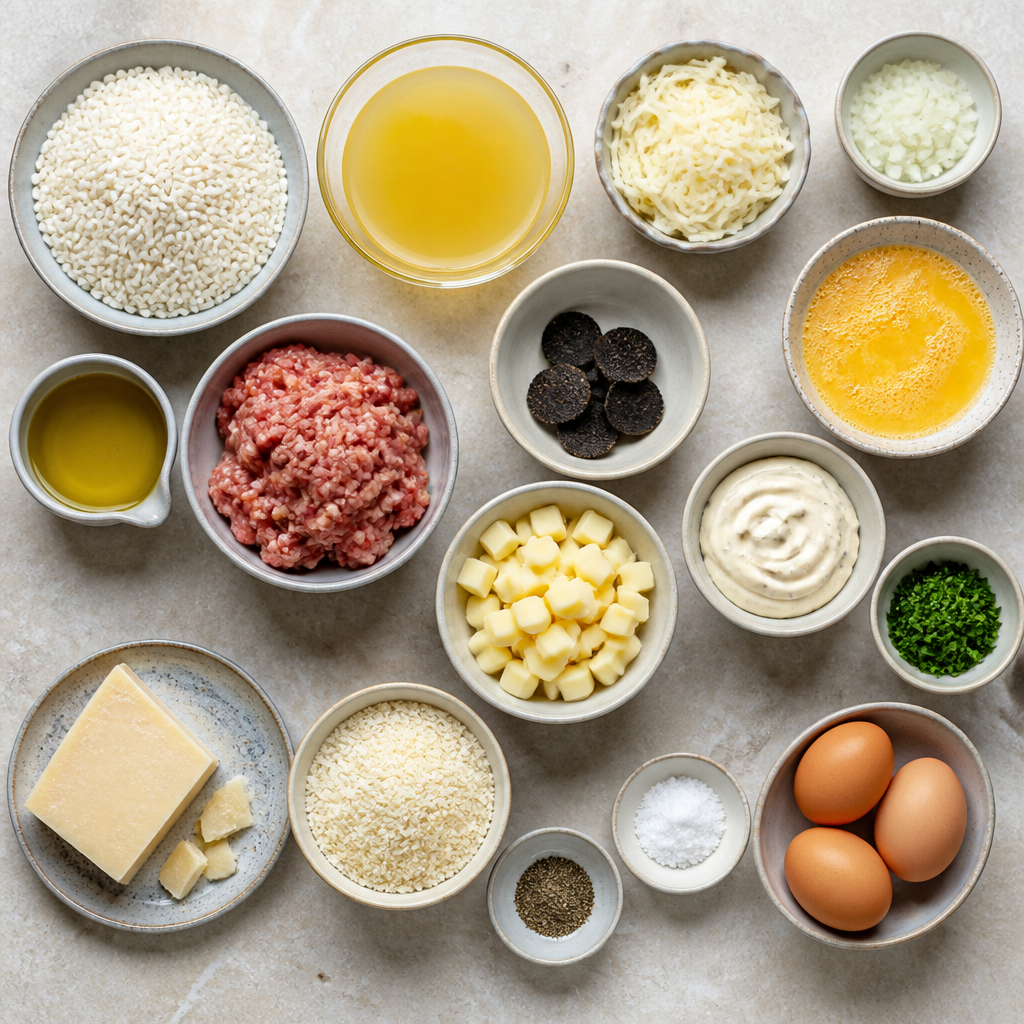 Overhead flat-lay of all ingredients for Sicilian Arancini Recipe with Truffle Aioli and Cheese laid out on a kitchen surface.