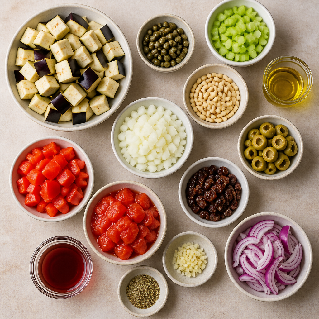 Overhead flat-lay of all ingredients for Sicilian Eggplant Caponata with Capers and Pine Nuts laid out on a kitchen surface.