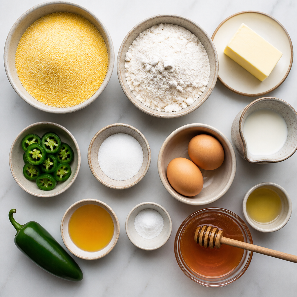 Overhead flat-lay of all ingredients for Skillet Cornbread With Fresh Jalapeño Honey laid out on a kitchen surface.