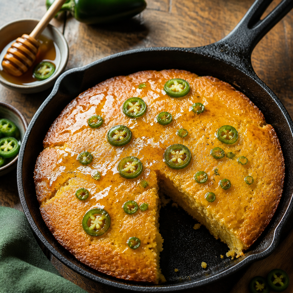 Skillet Cornbread With Fresh Jalapeño Honey — American Side Dish served and photographed from above