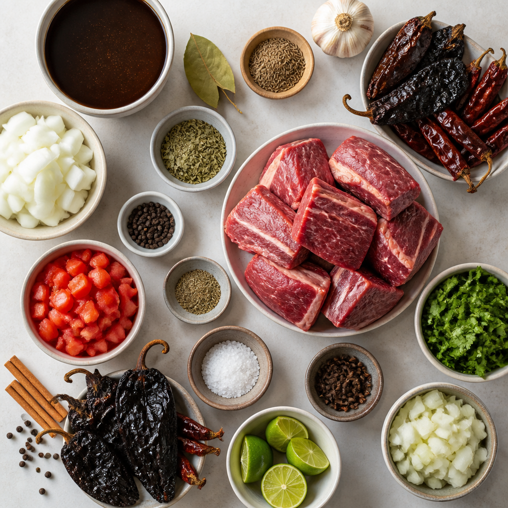 Overhead flat-lay of all ingredients for Slow-Braised Beef Birria Adobo laid out on a kitchen surface.