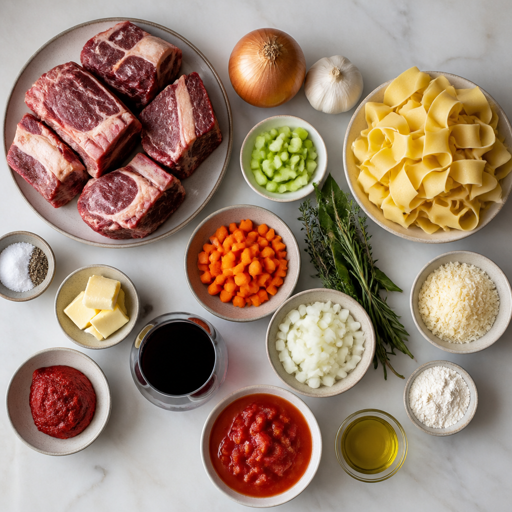 Overhead flat-lay of all ingredients for Slow-Braised Short Rib Ragu with Pappardelle laid out on a kitchen surface.